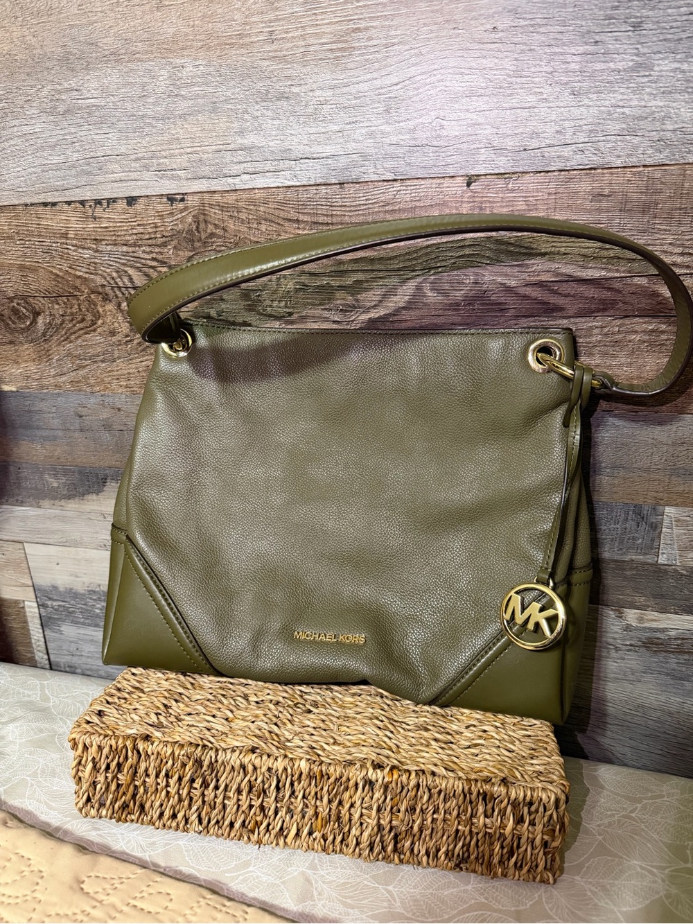 Michael Kors Olive Green Pebbled Leather Shoulder Bag with MK Charm